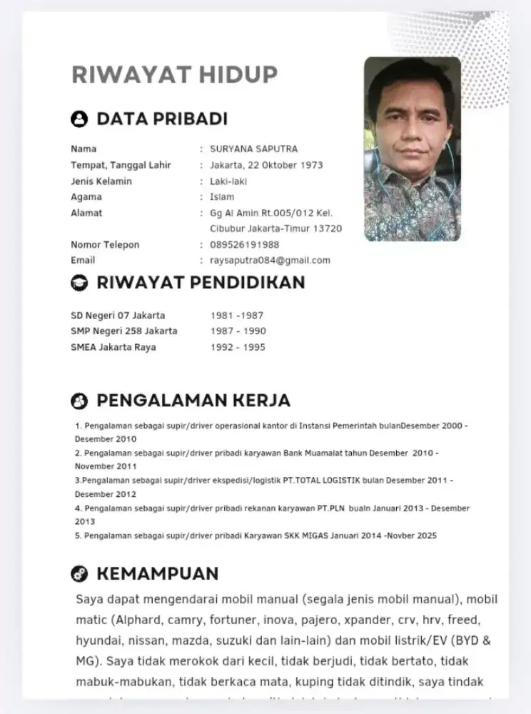 Saya mencari lowongan pekerjaan supir atau driver