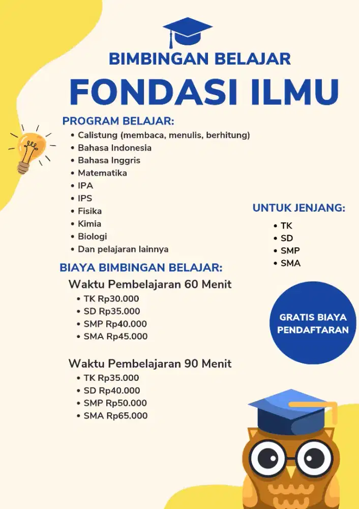 Terima les privat untuk TK, SD, SMP dan SMA.Guru datang ke rumah siswa