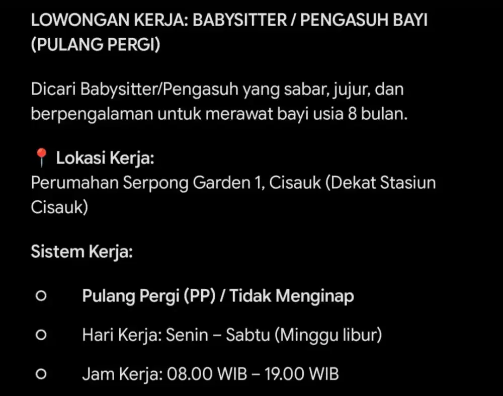 Lowongan Pengasuh Bayi (Pulang Pergi)