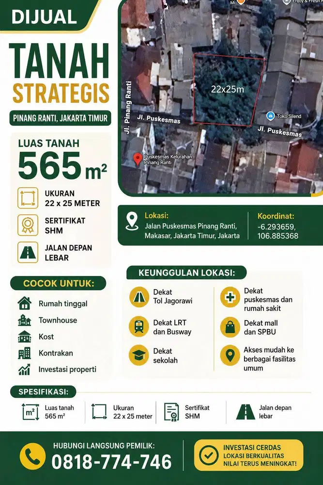 Tanah Dijual SHM 565 m² Jalan Puskesmas Pinang Ranti, Makasar, Jakarta