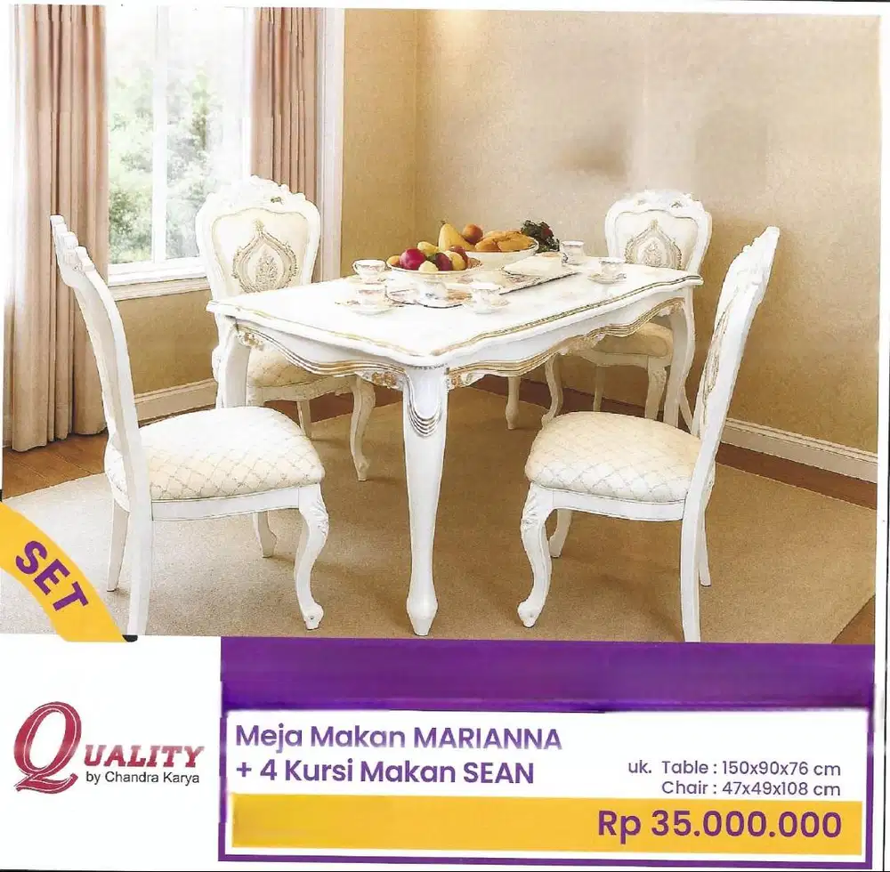 Set Meja Makan Mewah Marianna + 4 Kursi Chandra Karya BARU