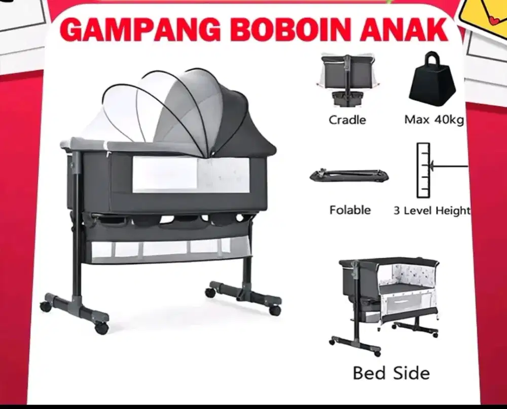 BEIGE Tempat Tidur Bayi 4 in 1 Grey Bumper Rocking Bed dengan roda 360