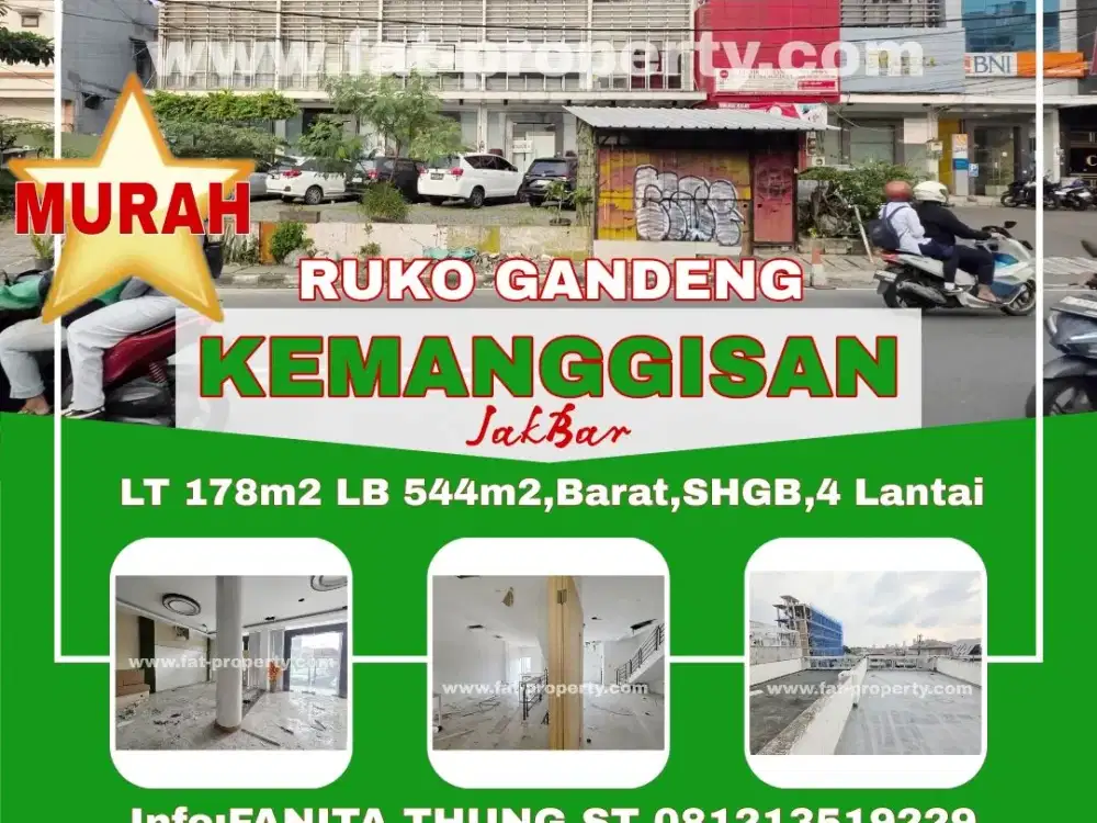 Dijual ruko gandeng di Jl Kemanggisan Raya,JakBar LT178m2 LB544m2,Barat,4Lt,SHGB,Hadap jalan raya 2 jalur