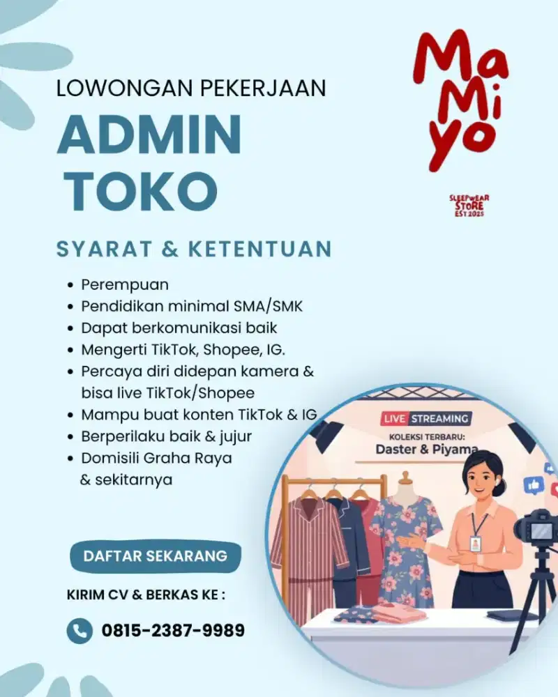 Dicari segera admin toko fashion