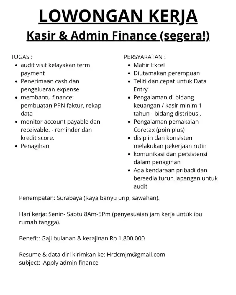 Loker surabaya banyuurip admin keuangan kasir