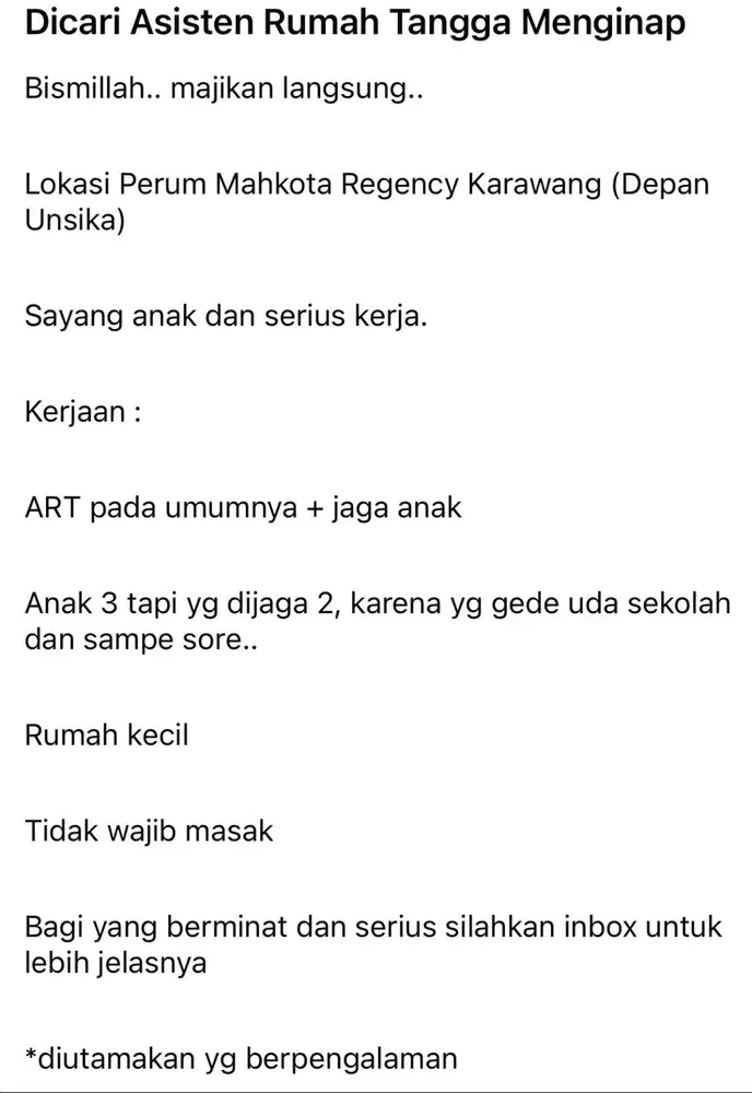 Dibutuhkan ART+jaga anak
