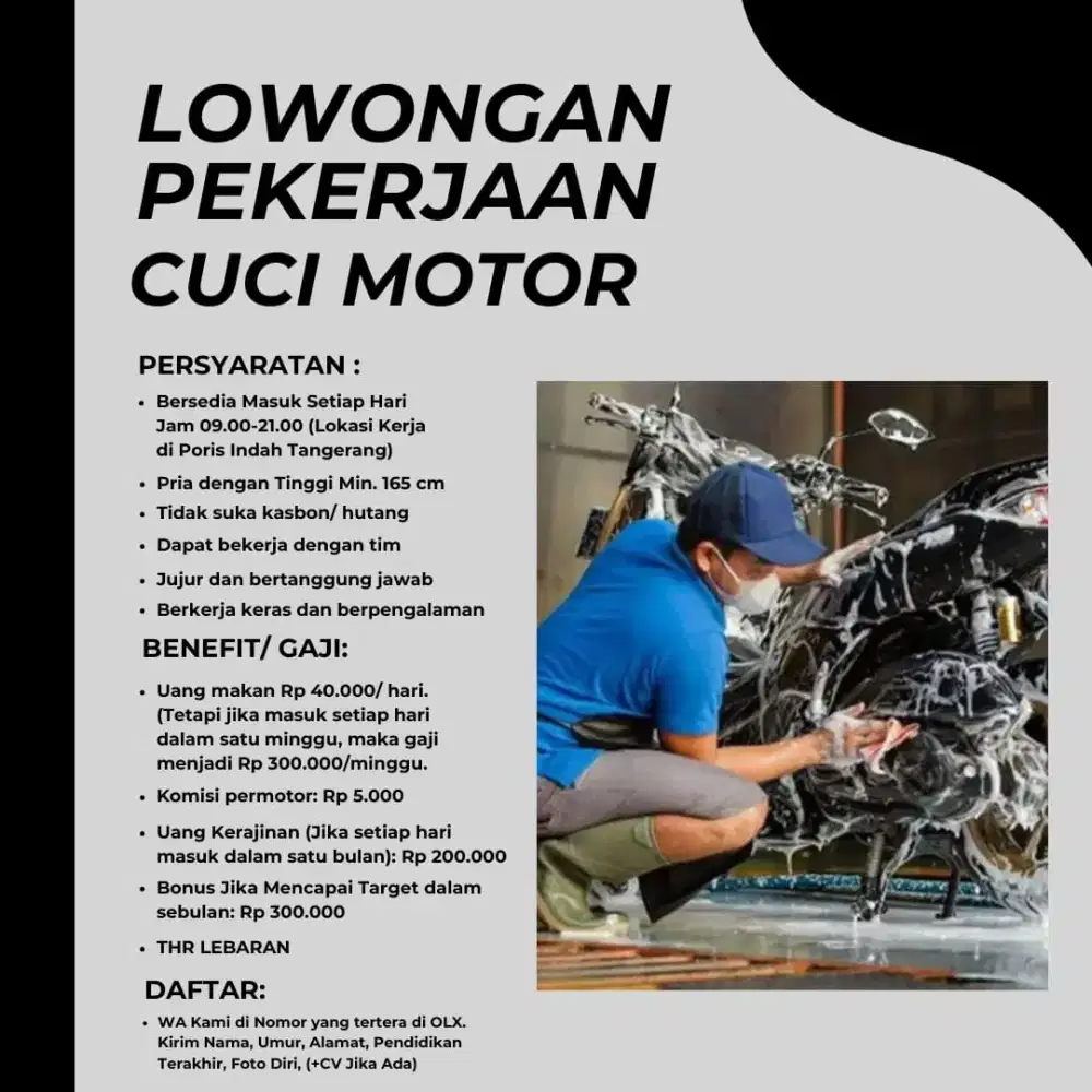 LOWONGAN KERJA CUCI MOTOR LOKER PRIA PORIS INDAH CIPONDOH