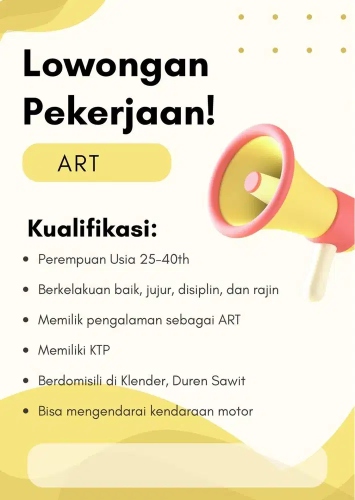 DIBUTUHKAN SEGERA ART PULANG PERGI