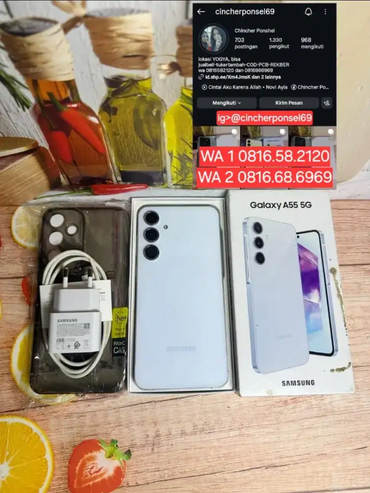 Jual hp likenew samsung A55 5G 8/256  free ADAPTOR n case