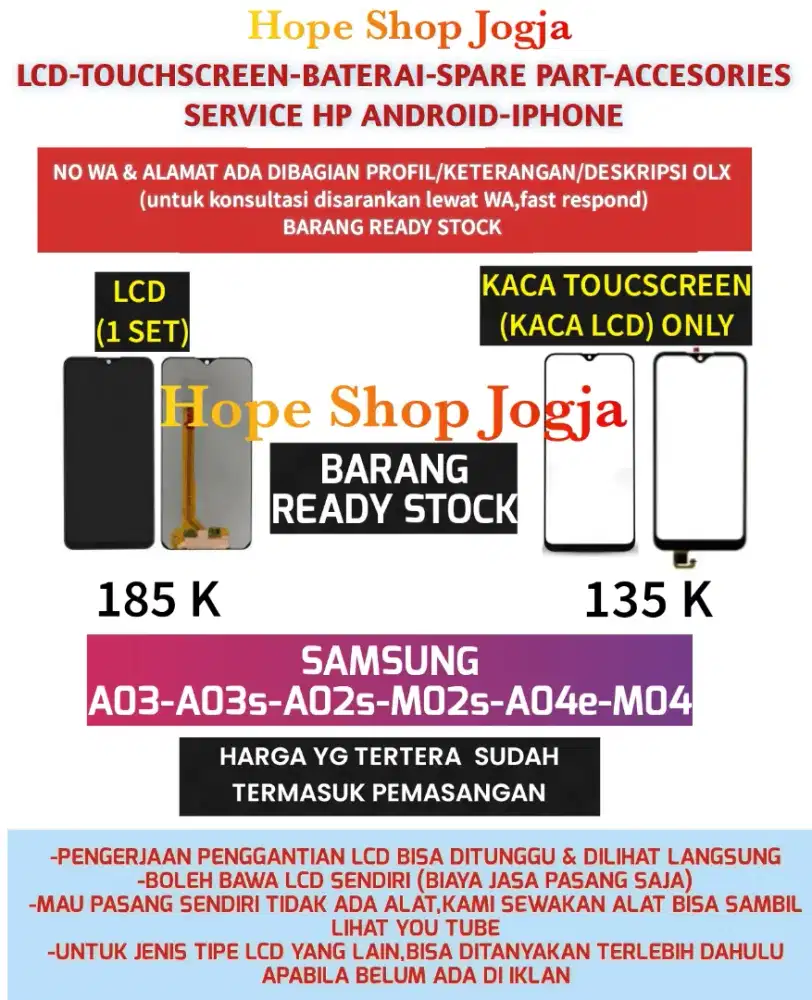 Touchscreen-Baterai-Lcd SAMSUNG
A03-A03s-A02s-M02s-A04e-M04