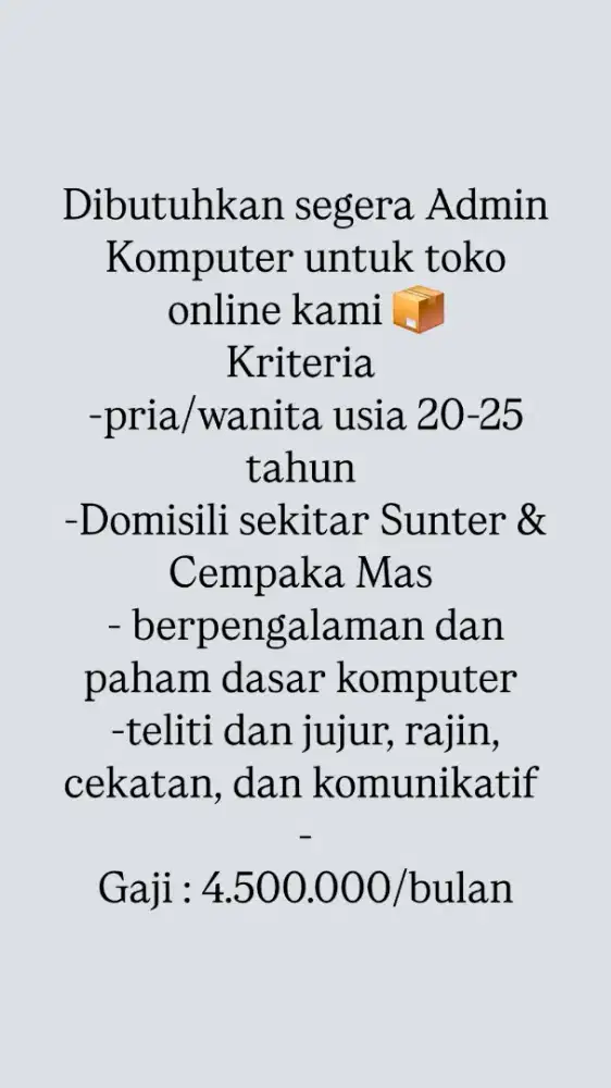 Dibutuhkan segera Admin Komputer