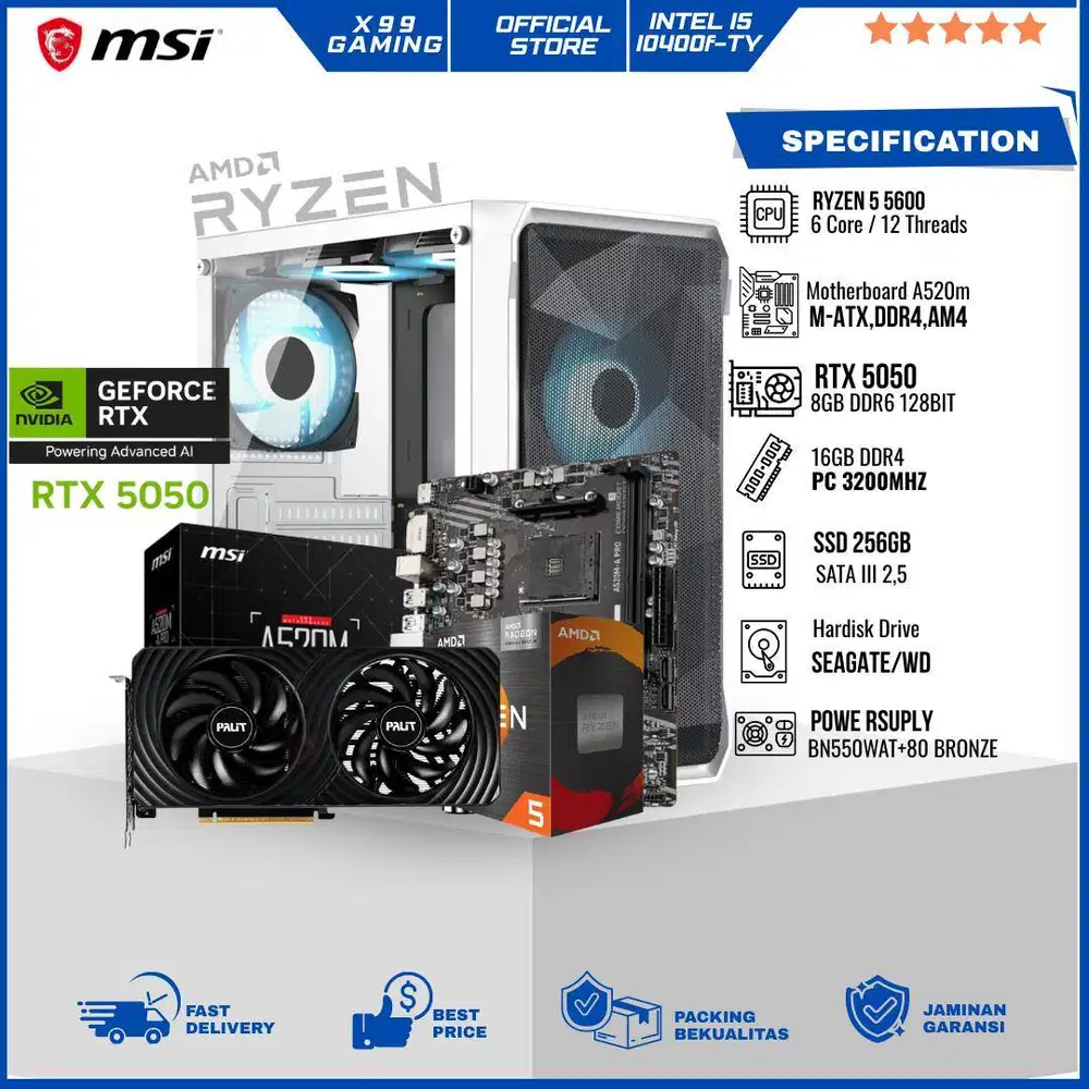 Pc Gaming editing  ryzen 5 5600 RTX 5050 8GB Ram 16GB  SSD 256GB