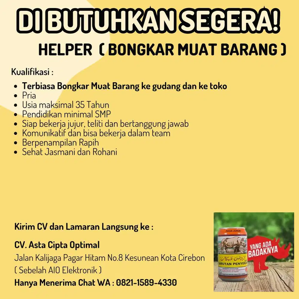 Loker Admin, sales, helper, supir