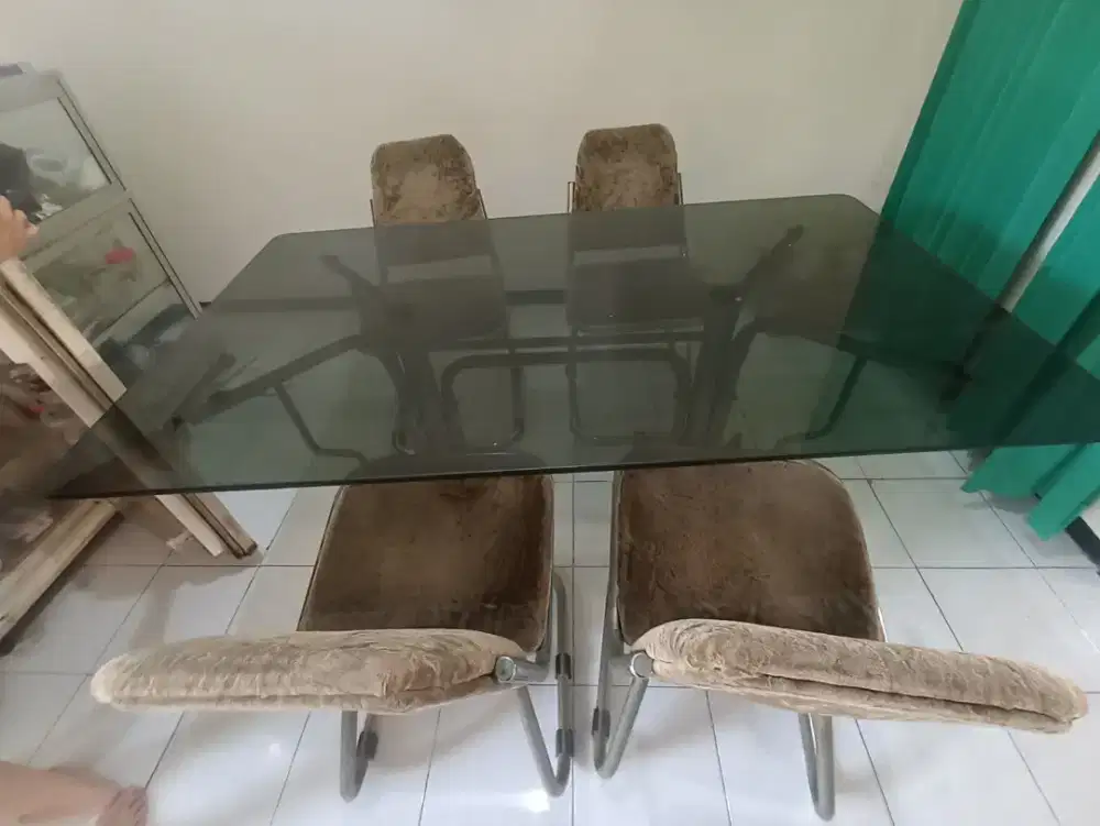 Jual Meja Makan Kaca Kaki Stainless Ukuean 180 -  6 kursi
