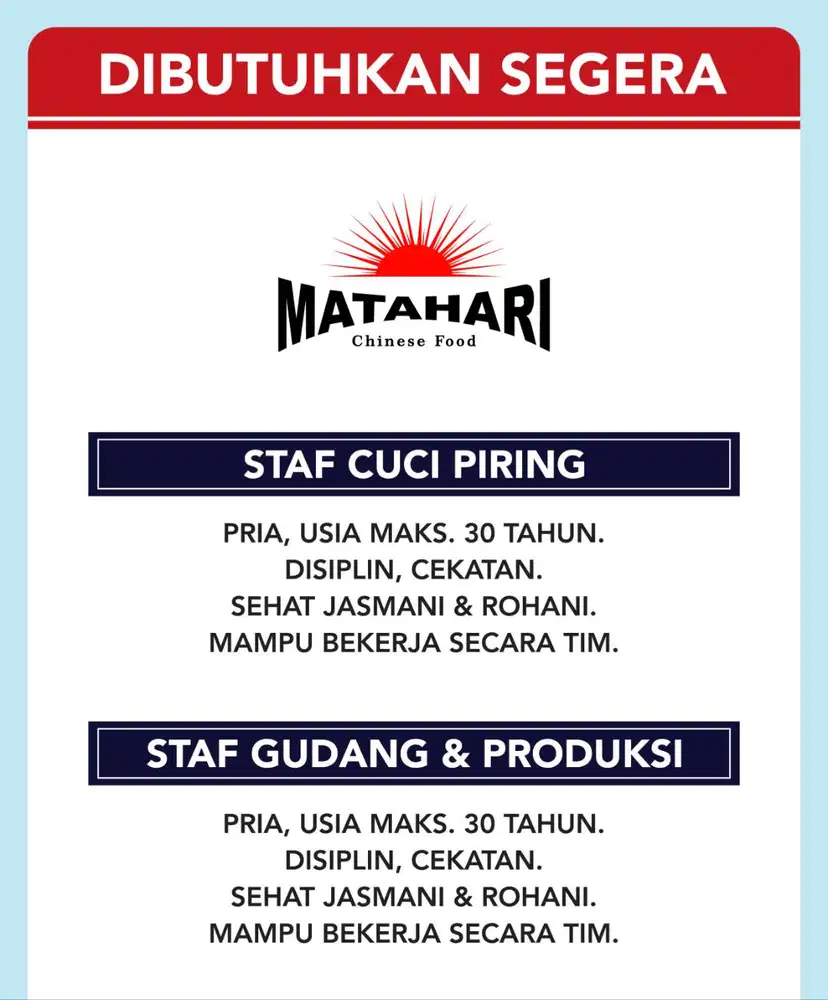 LOWONGAN STAF CUCI PIRING, STAF GUDANG DAN PRODUKSI