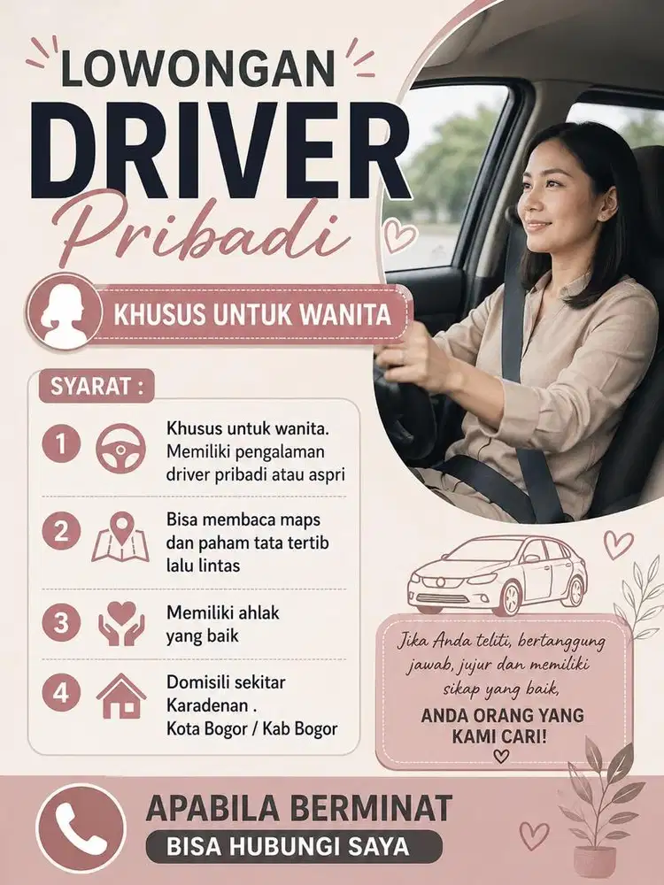 Lowongan driver pribadi khusus wanita