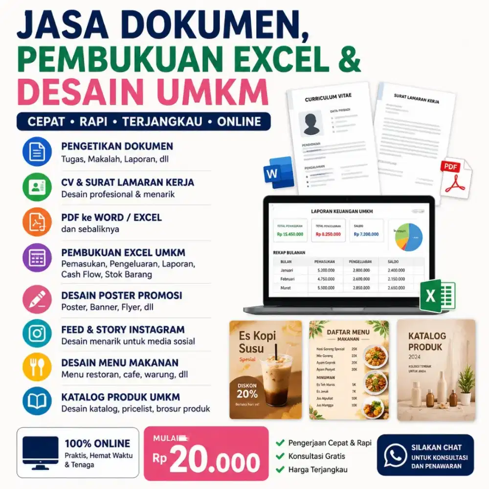 Jasa Dokumen, Excel & Desain UMKM | CV,Pengetikan,Poster,Menu&Feed IG