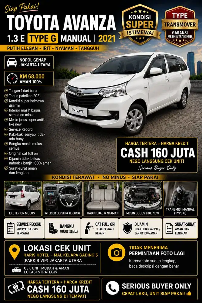 DIJUAL TOYOTA AVANZA 1.3 Transmover TYPE G MANUAL 2021 Putih Elegan •