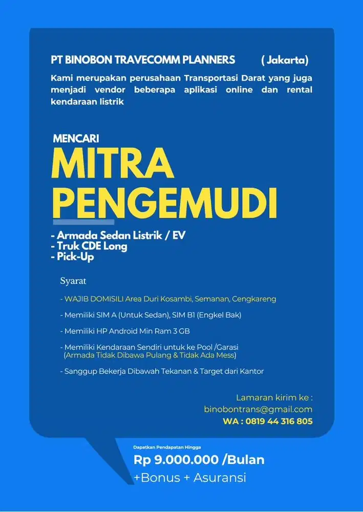 Dicari Mitra Pengemudi / Driver