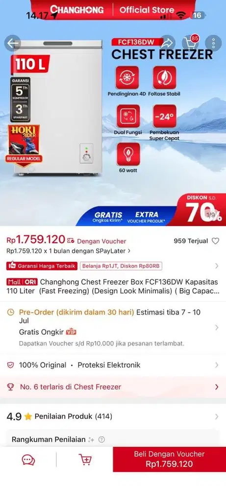 Jual chest freezer