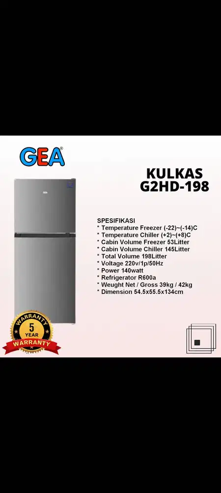[Dijual dibawah harga pasar] GEA KULKAS 2 PINTU NO FROST G2HD-198 / G2