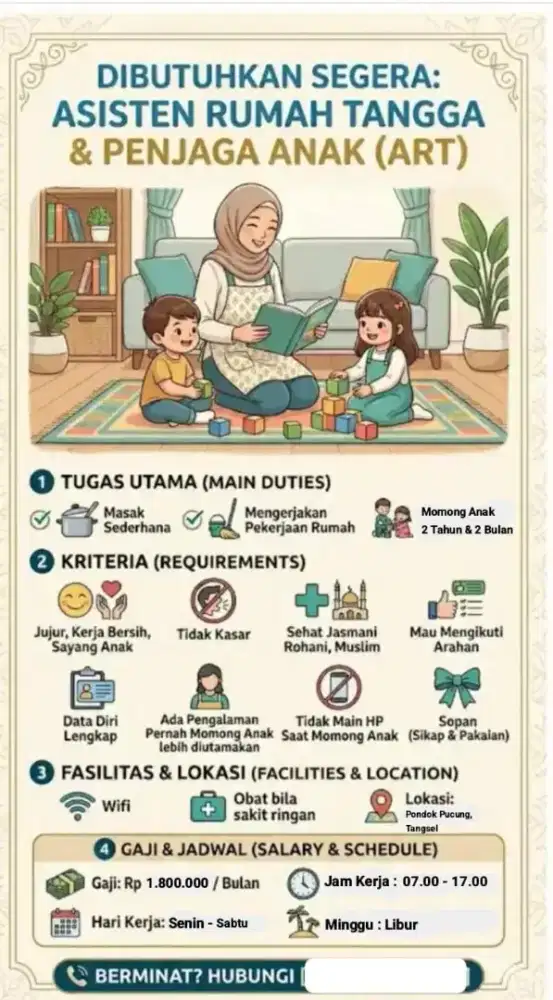 Dibutuhkan Segera : Asisten Rumah Tangga dan Momong Anak (ART)