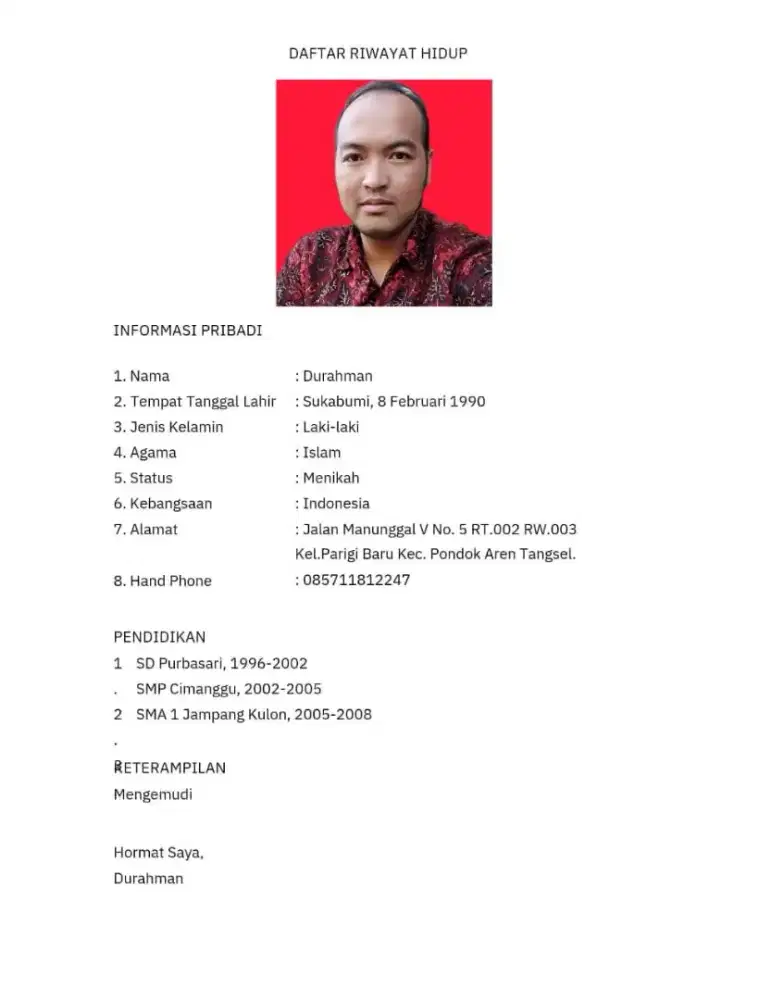 Saya mencari pekerjaan driver pribadi/Kant