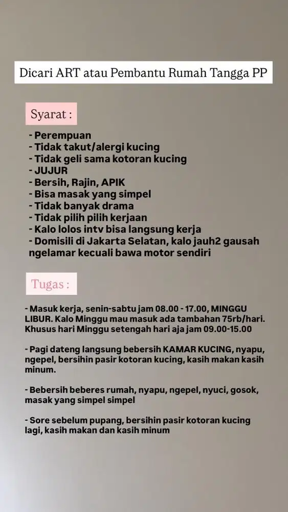 Loker ART atau pembantu rumah tangga