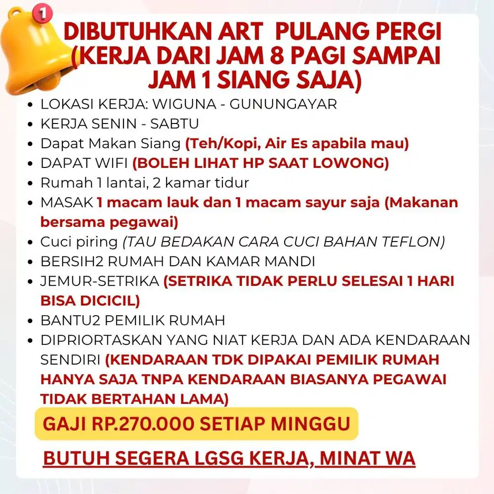 DIBUTUHKAN ART WARNEN PULANG PERGI DAERAH WIGUNA