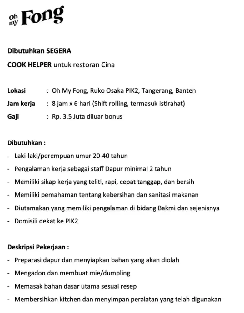 COOK HELPER untuk restoran Cina