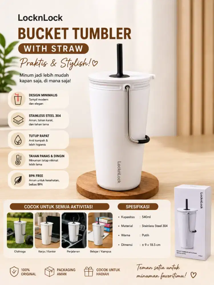 LOCKnLOCK Bucket Tumbler with Straw 540ml 
Ex hadiah