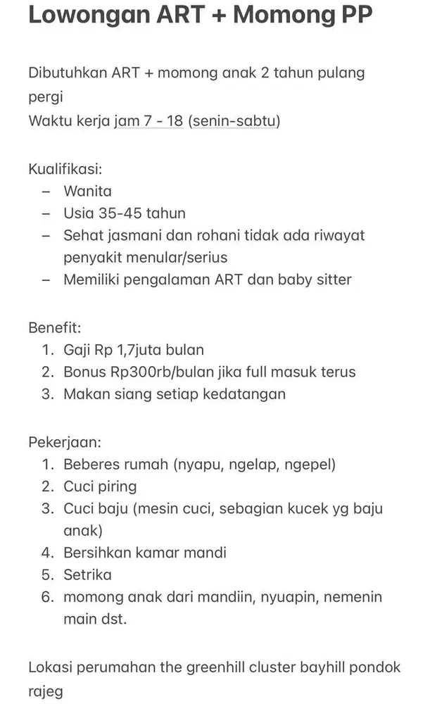 Lowongan ART + Momong Pulang Pergi Gaji Rp1.7jt - Rp2jt per bulan