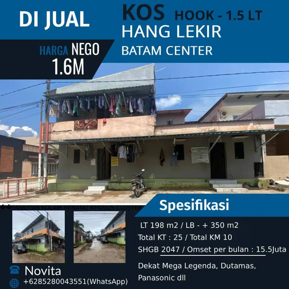 1 Unit Rumah Kos Kosan (hook) di Hang Lekir, Batam Centre.