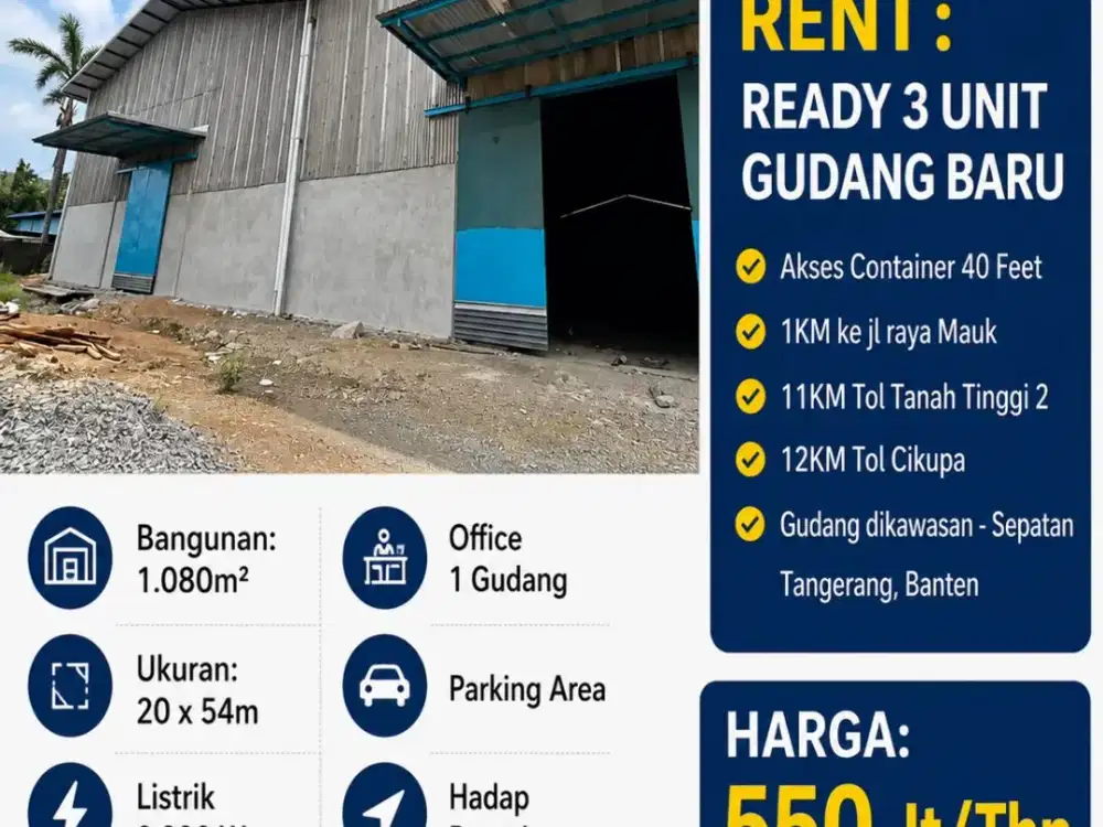 disewakan gudang baru 1080m2-sepatan tangerang-akses kontainer