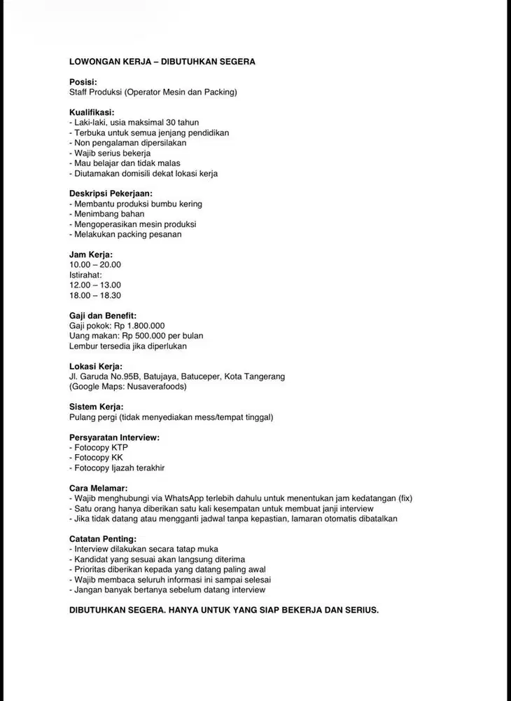 Staff Produksi dan Packing SEGERA