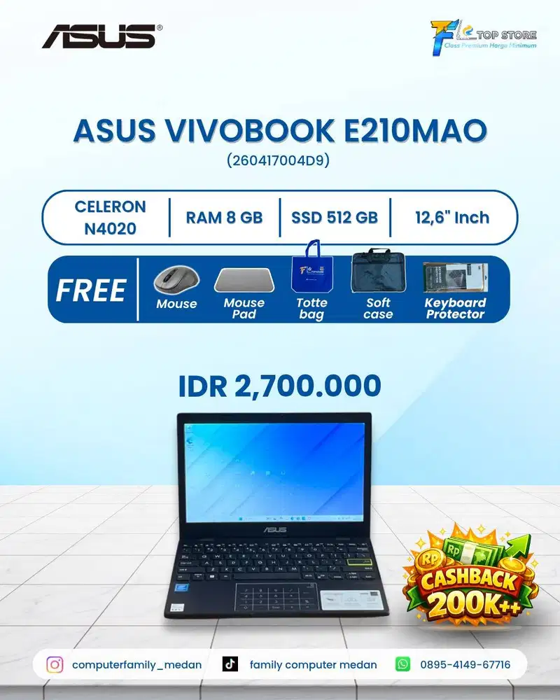 ASUS VIVOBOOK E210MAO 12'6INC CELERON N4020 8/512GB + NUMPAD LIKE NEW