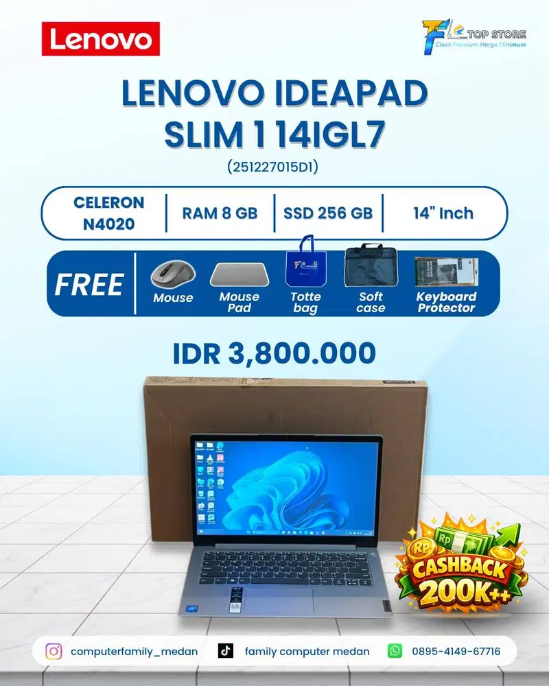 LENOVO IDEAPAD SLIM 1 14IGL7 FULLSET 14INC CELERON N4020 8/256GB SSD