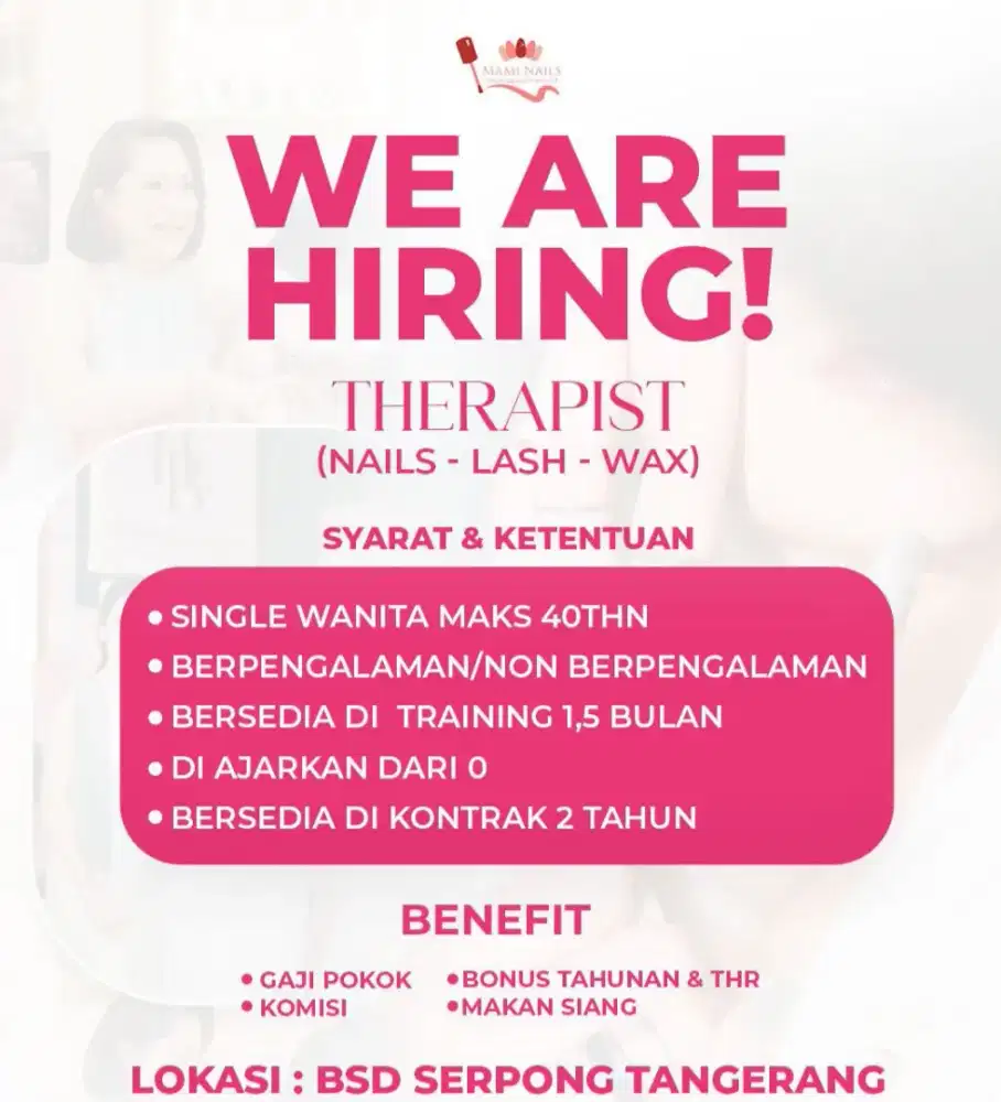 Dibutuhkan segera!!! Therapist nails - lash - wax