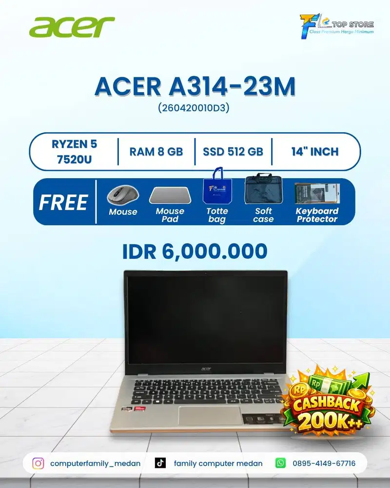ACER ASPIRE SILVER A314-23M 8/512GB SSD AMD RYZEN 5 7520U LIKE NEW