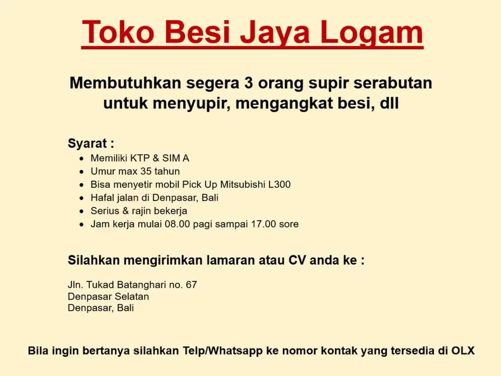 Lowongan Supir Serabutan di Toko Besi Jaya Logam