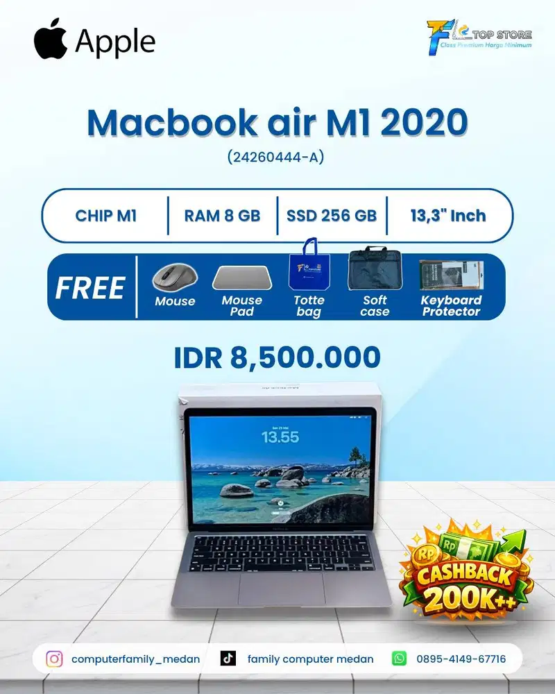 MACBOOK AIR CHIP M1 FULLSET 2020 RAM 8/256GB ID/A (IBOX) PEMBELIAN2024