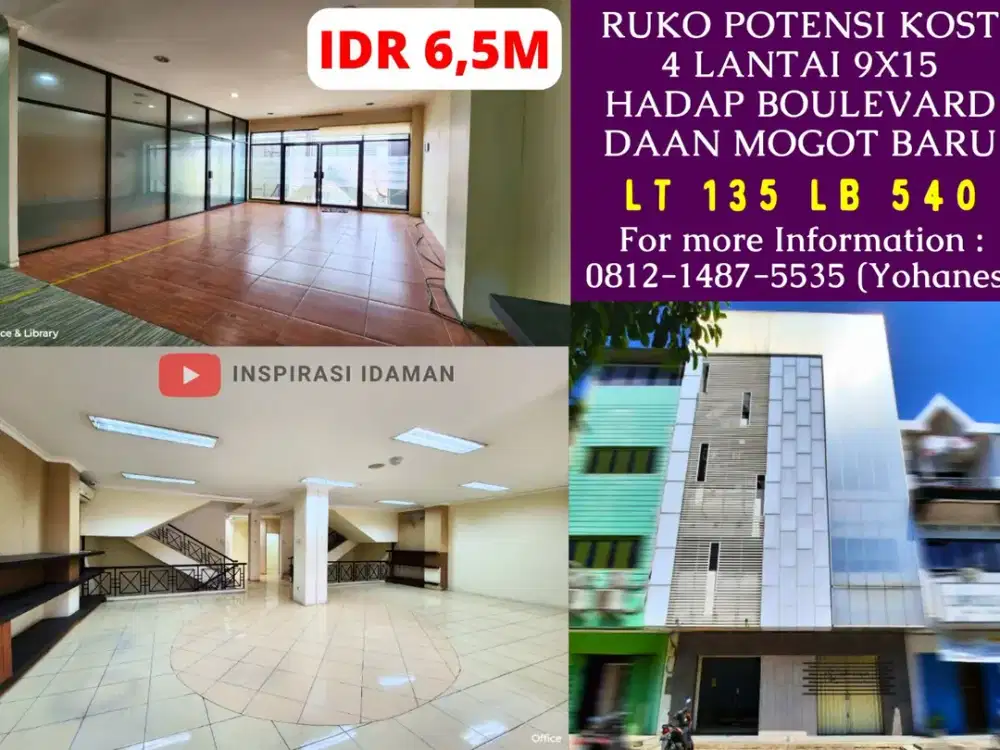 Ruko GANDENG Potensi Kost 4 lantai 9x15 hadap Boulevard Daan Mogot Baru