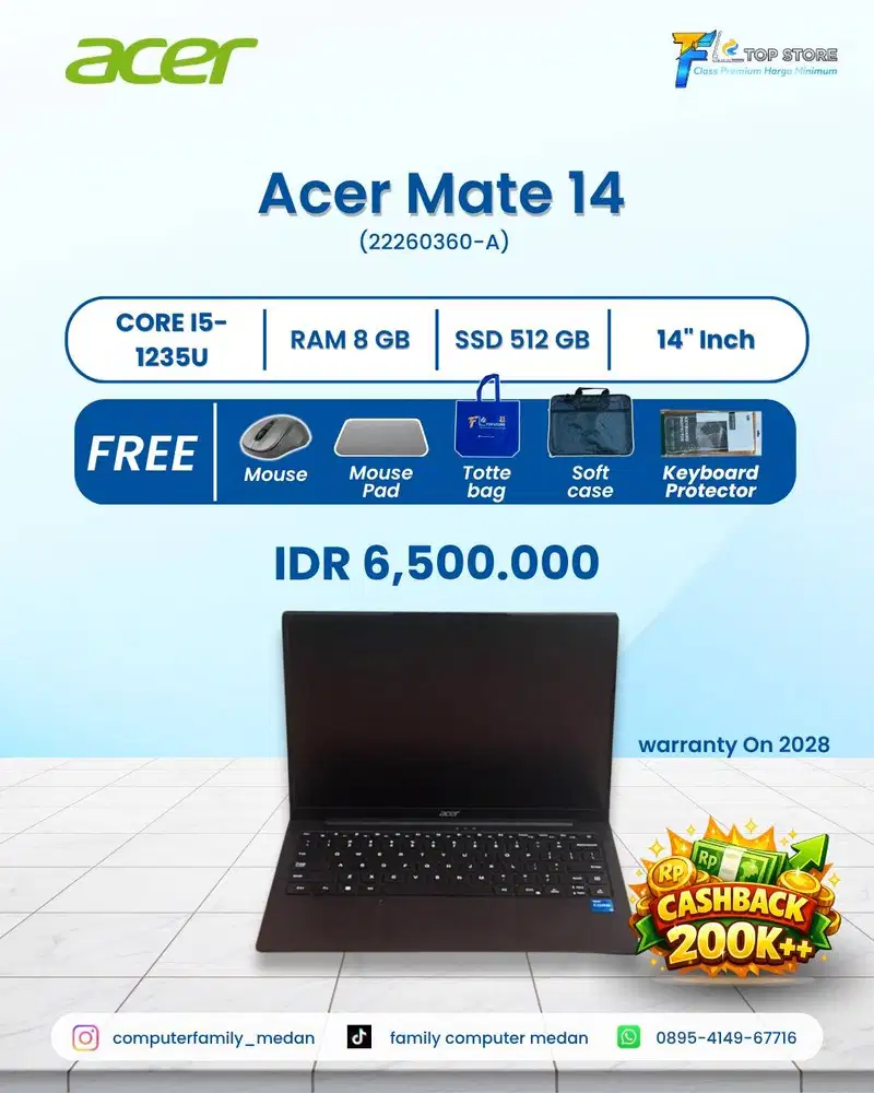 ACER MATE 14 (AM1) INTEL CORE I5-1235U SSD 512/8GB BLACK GARANSI RESMI