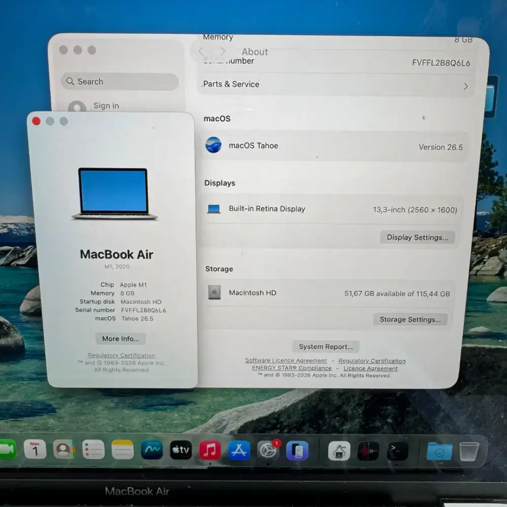 Macbook Air M1 Ram 8 Ssd 128 Layar 13 inch Silver Full set