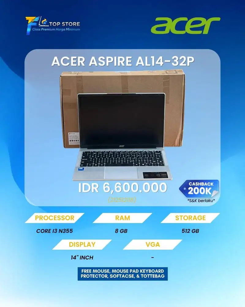ACER ASPIRE AL14-32P INTEL CORE I3 N355 SSD 8/512 GB FULLSET GARANSI