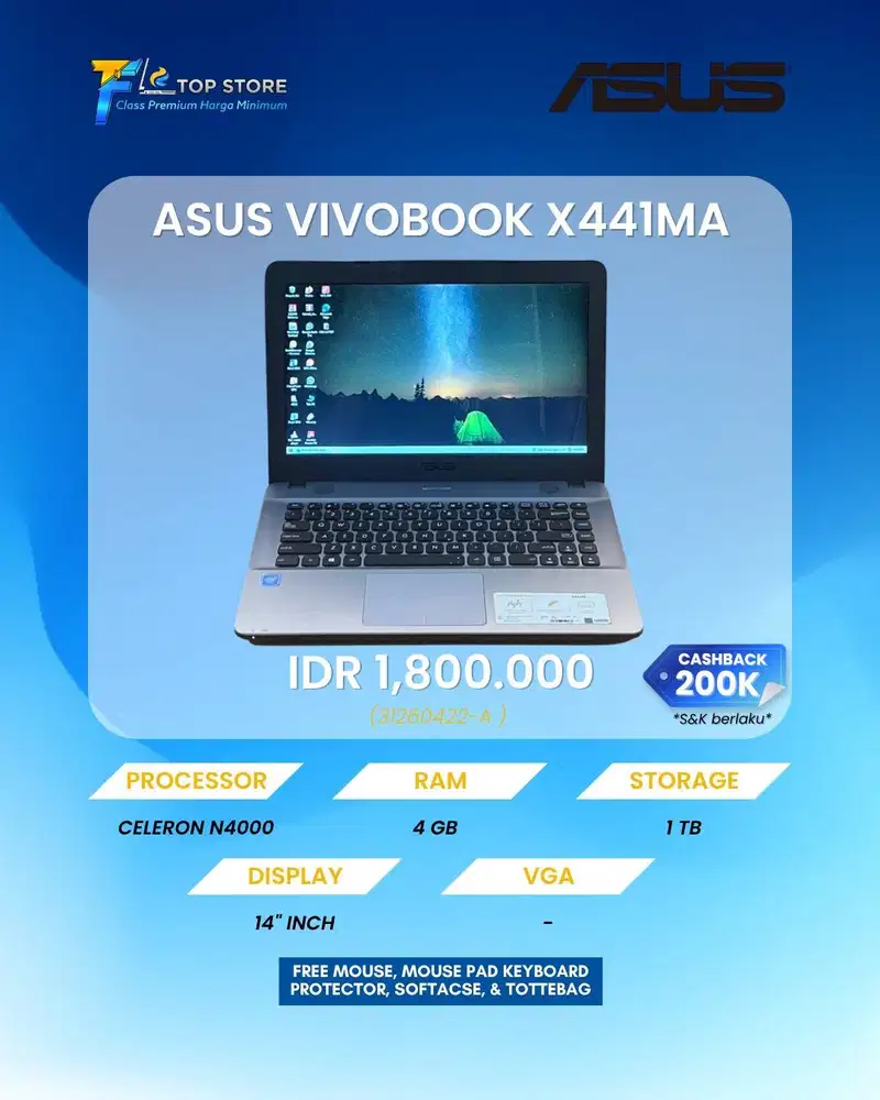 ASUS VIVOBOOK SILVER X441MA INTEL CELERON N400 HDD 1TB/4 GB LIKE NEW