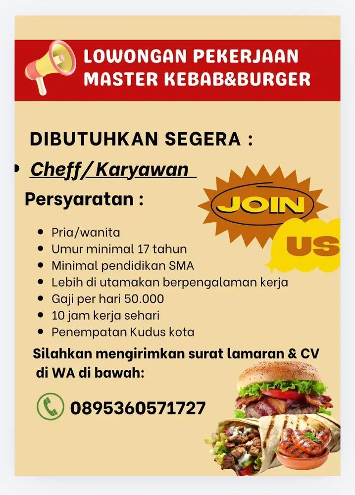 Di cari karyawan kebab&burger jujur dan rajin