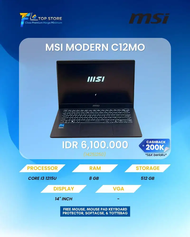MSI MODERN 14 C12MO GEN 12 CORE I3-1215U SSD 512/8GB BACKLITE LIKE NEW