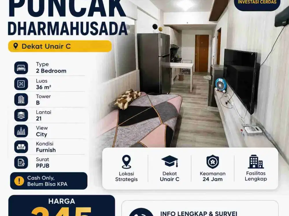 PUNCAK DHARMAHUSADA 2 BR ‼️ Apartemen Furnish Surabaya Timur dekat UNAIR C