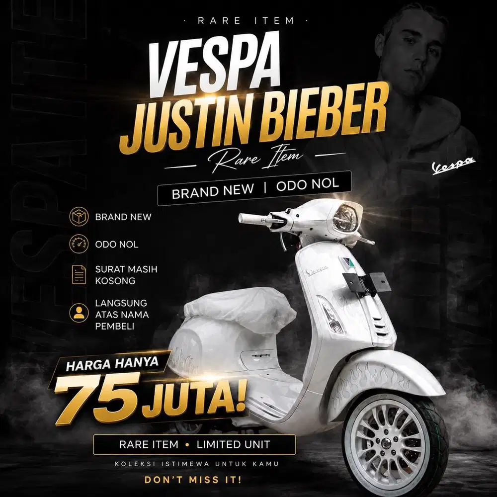 Vespa Justin Bieber Brand New Odo NOL lgsg atas nama pembeli